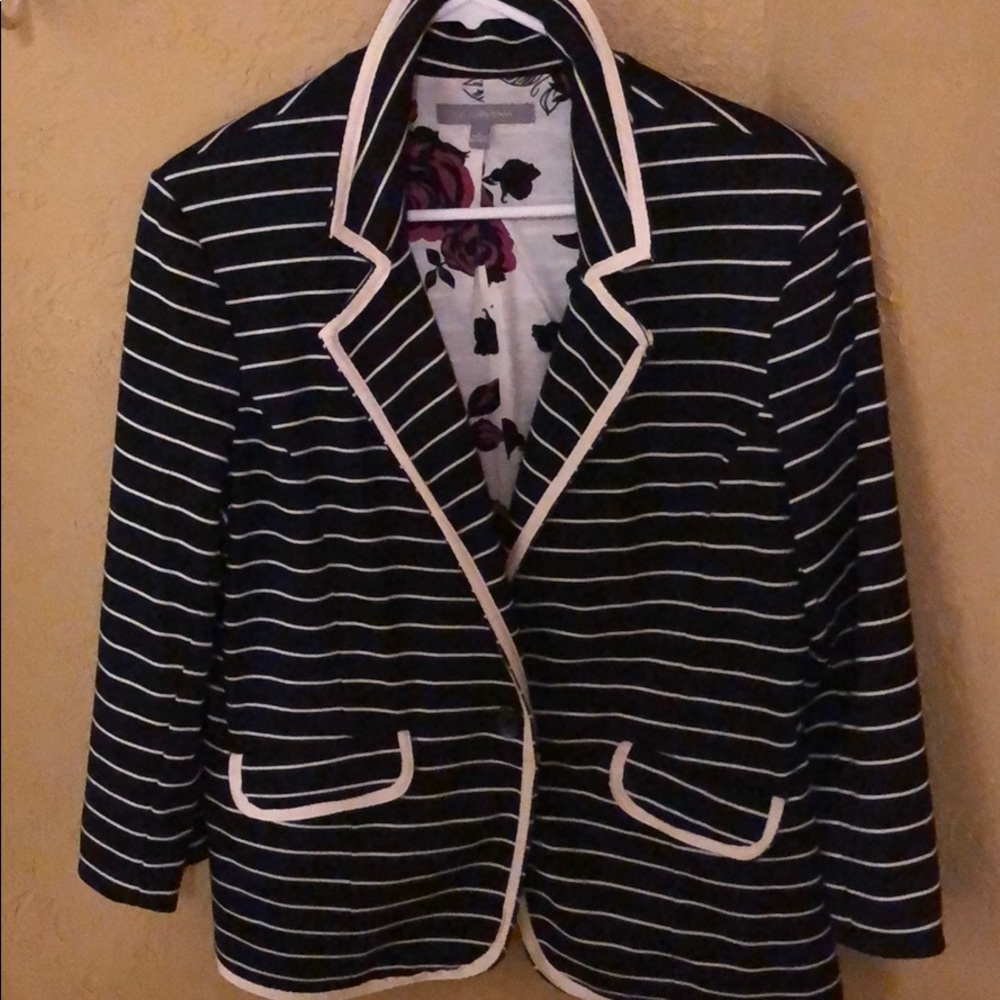 NY Collection Black And Cream Striped Blazer